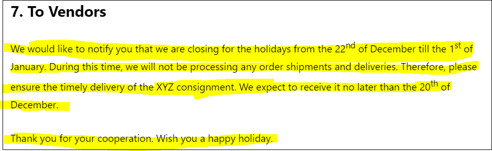 Holiday closing message to vendor