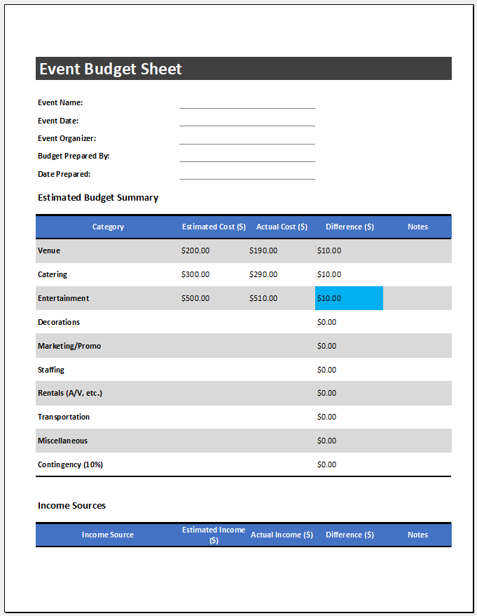 Event Budget Sheet