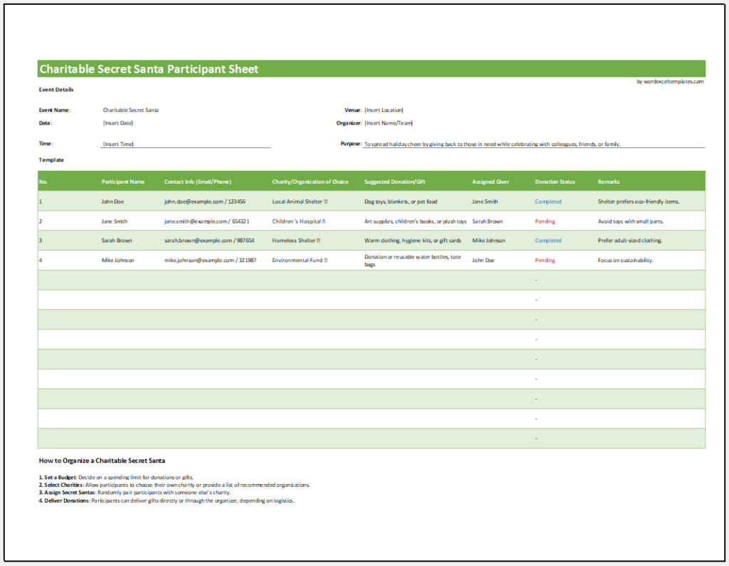 Charitable Secret Santa Participant Sheet