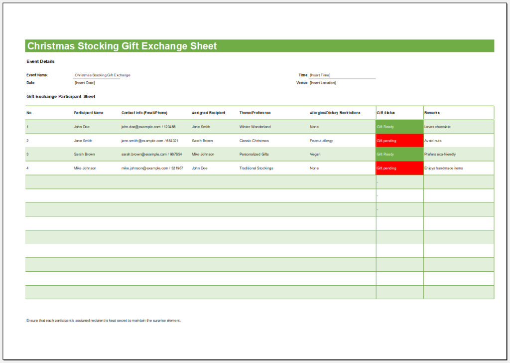 Christmas Stocking Gift Exchange Sheet