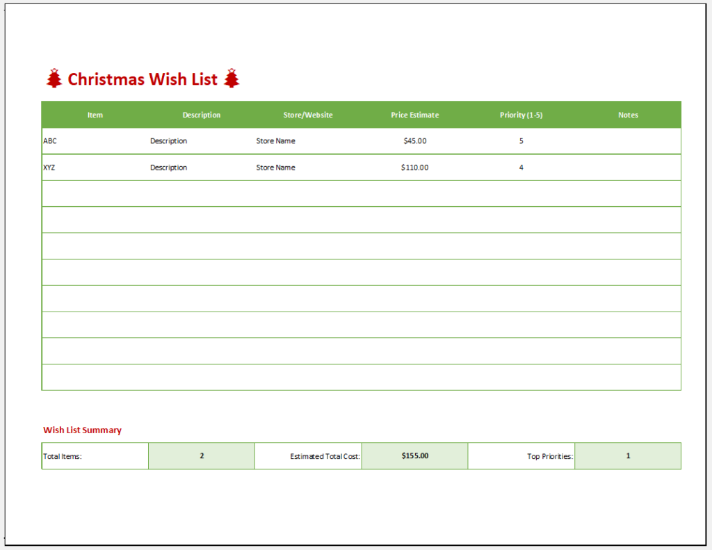 Christmas Wish List Template for Excel