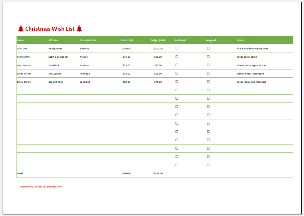 Christmas Wish List Template for Excel