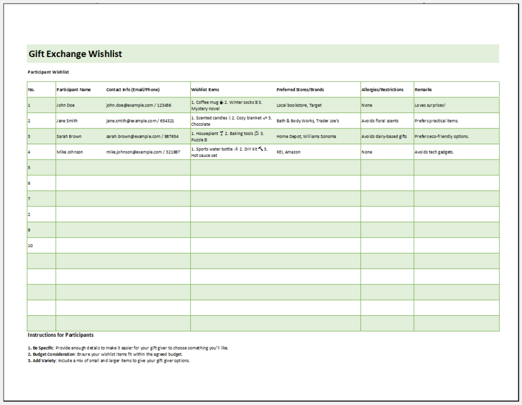 Gift Exchange Wish list Template