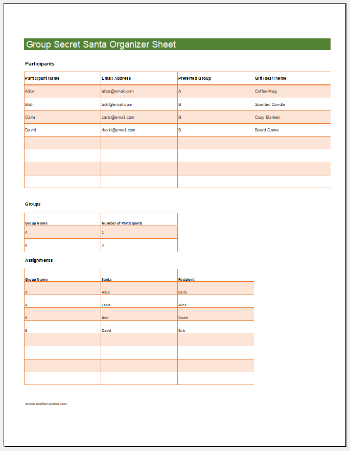 Group Secret Santa Organizer Sheet