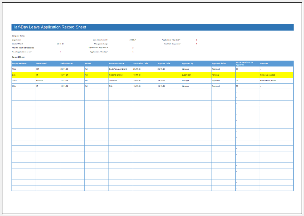 Half-Day Leave Application Record Sheet