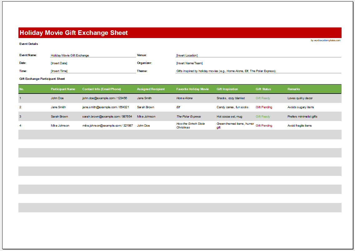 Holiday Movie Gift Exchange Sheet