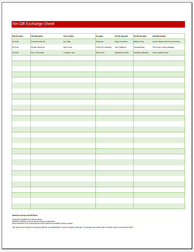 Re-Gift Exchange Sheet