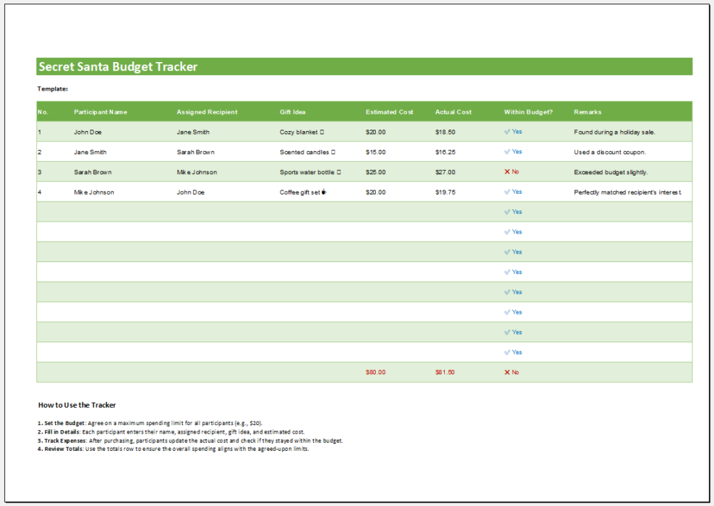 Secret Santa Budget Tracker Template