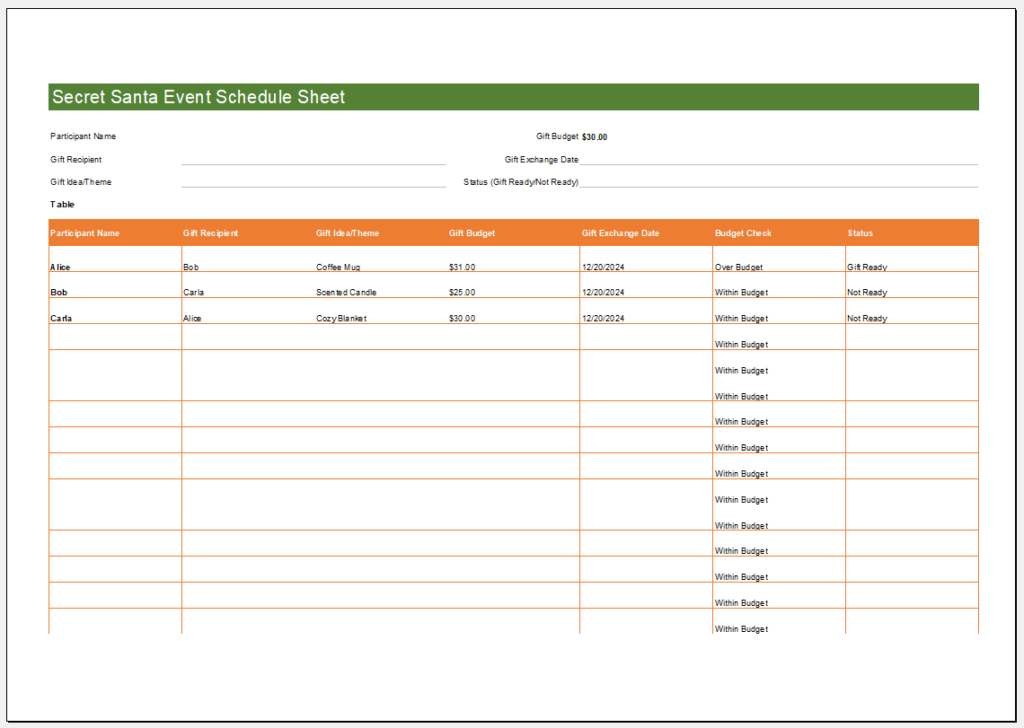 Secret Santa Event Schedule Sheet