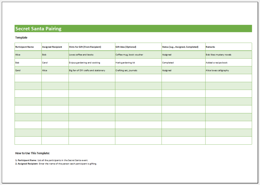 Secret Santa Pairing Template with Hints