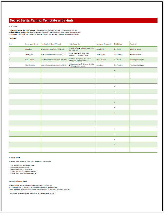 Secret Santa Pairing Template with Hints