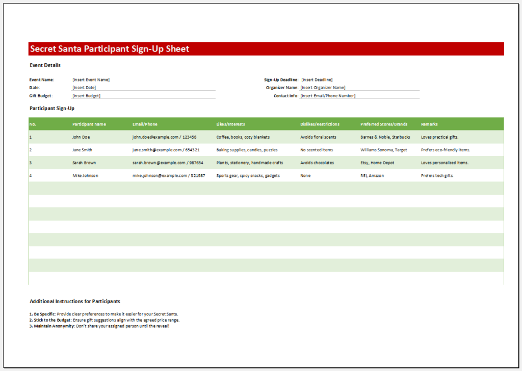 Secret Santa Participant Sign-Up Sheet