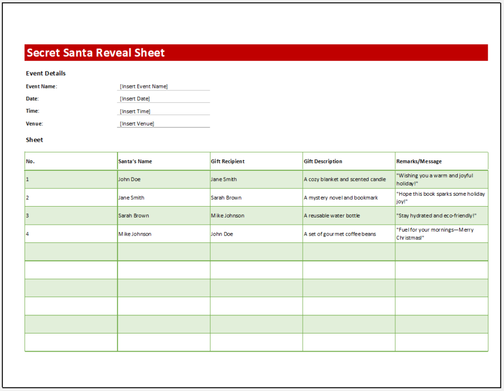 Secret Santa Reveal Sheet Template