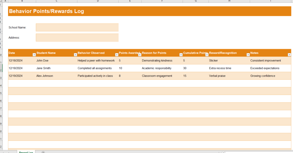 Behavior Points/Rewards Log