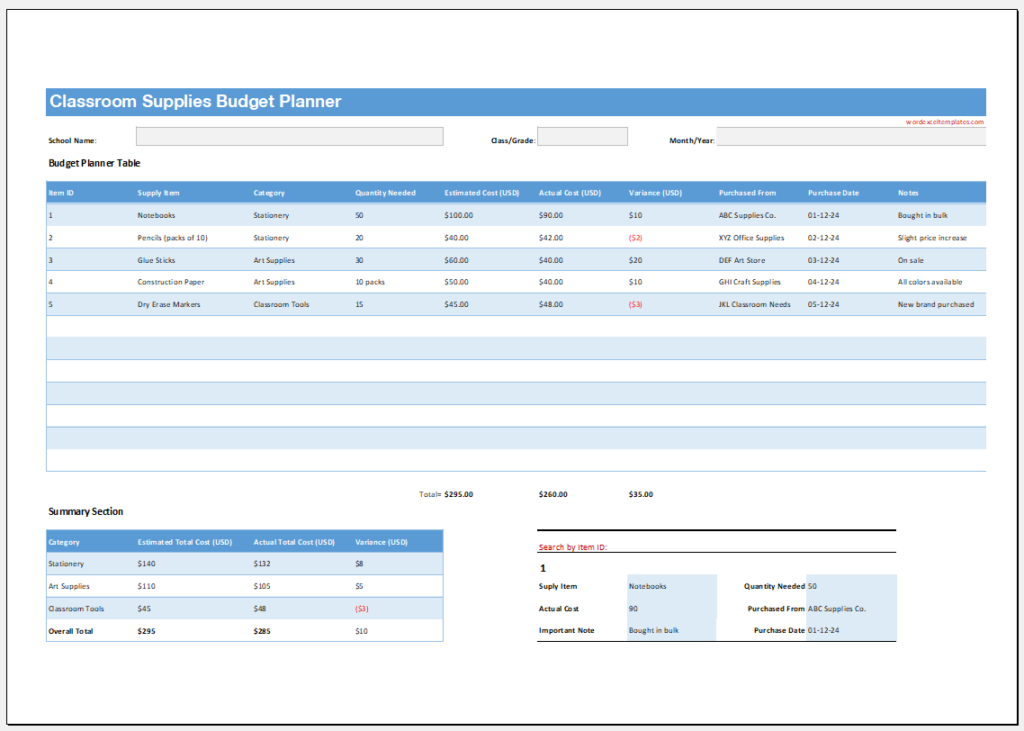 Classroom Supplies Budget Planner