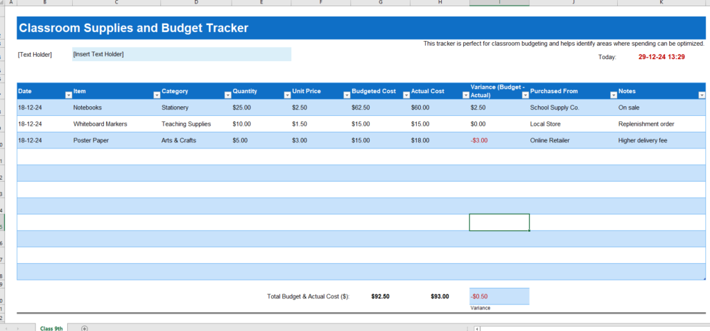 Classroom Supplies and Budget Tracker Template