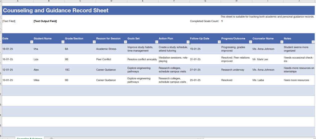 Counseling and Guidance Record Sheet