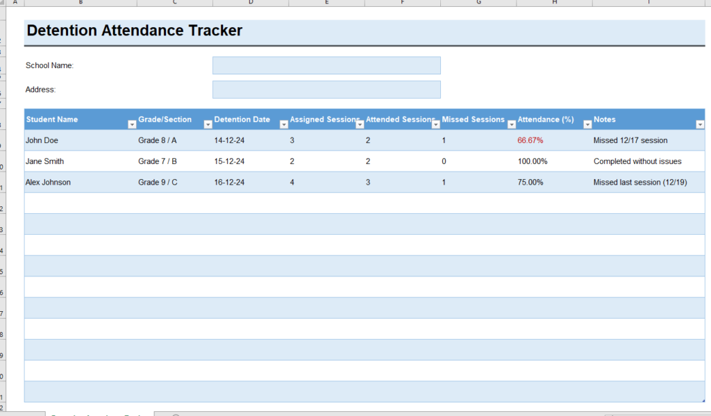 Detention Attendance Tracker Template for Excel