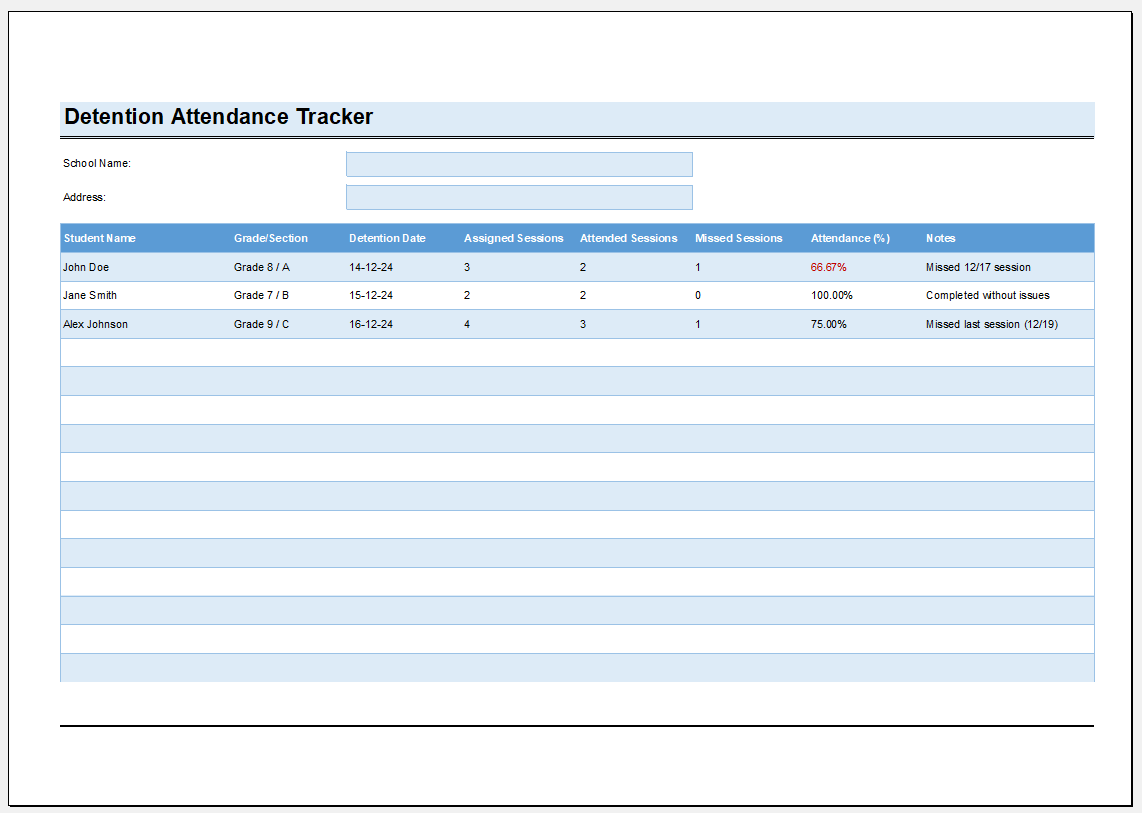 Detention Attendance Tracker Template for Excel