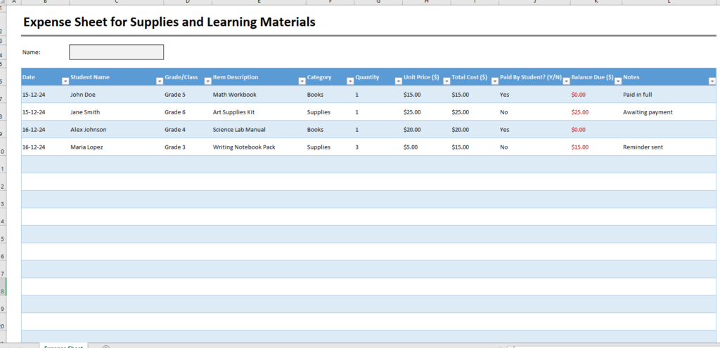 Expense Sheet for Supplies and Learning Materials