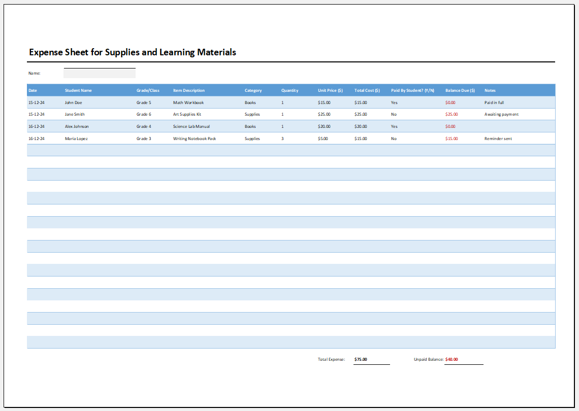 Expense Sheet for Supplies and Learning Materials