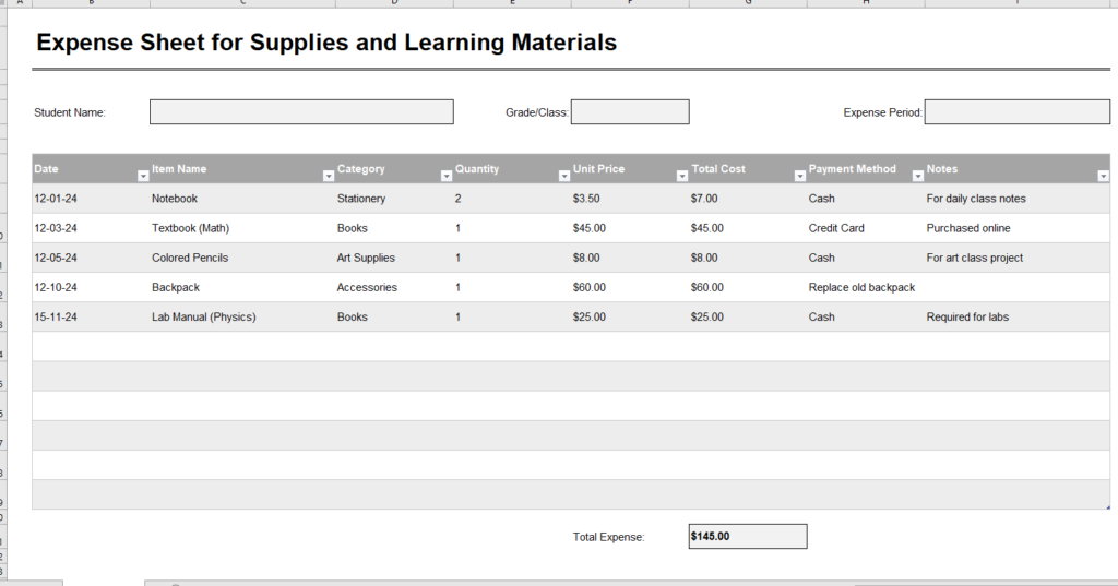 Expense Sheet for Supplies and Learning Materials -for Student