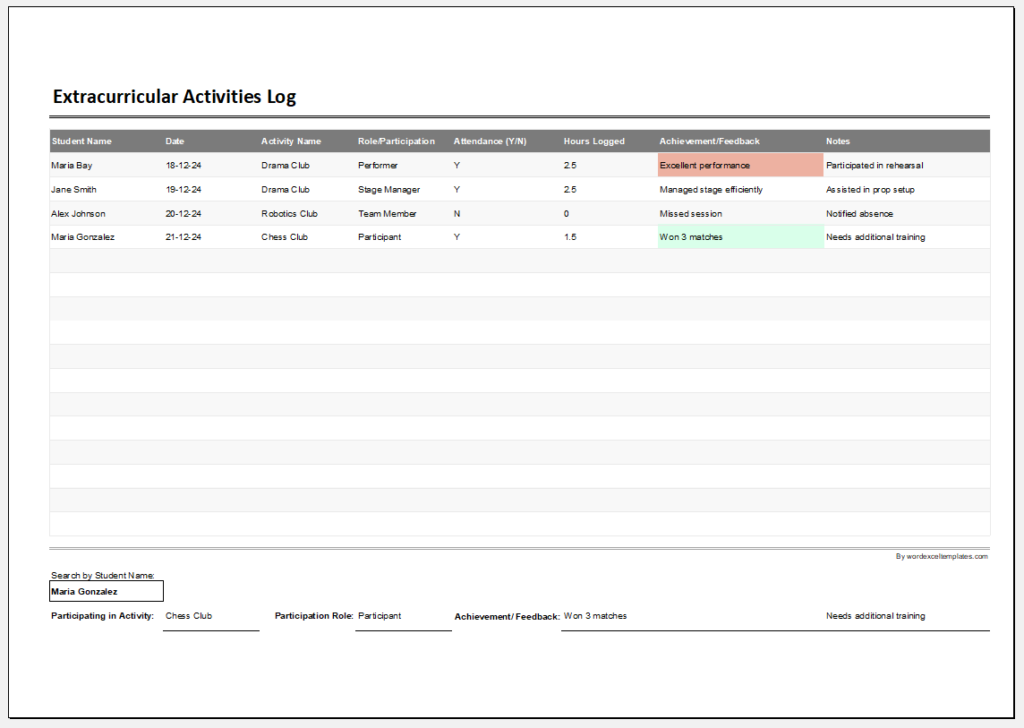 Extracurricular Activities Log Template for Excel