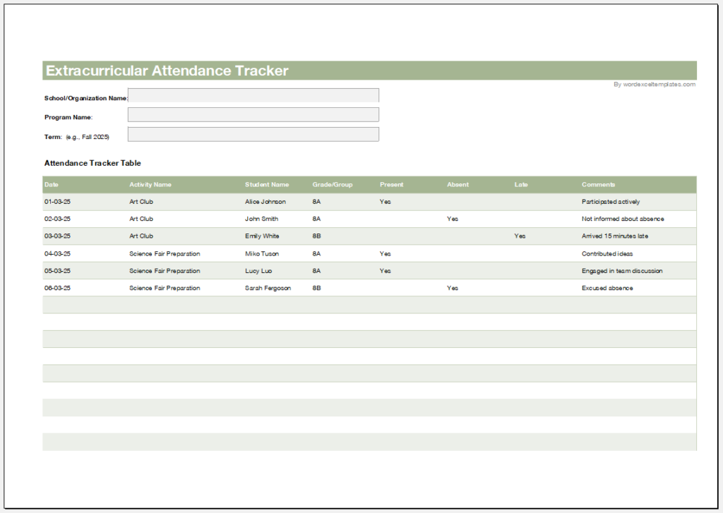 Extracurricular Attendance Tracker Template for Excel