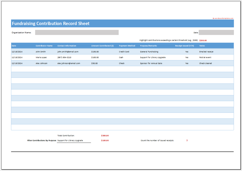 Fundraising Contribution Record Sheet Template for Excel