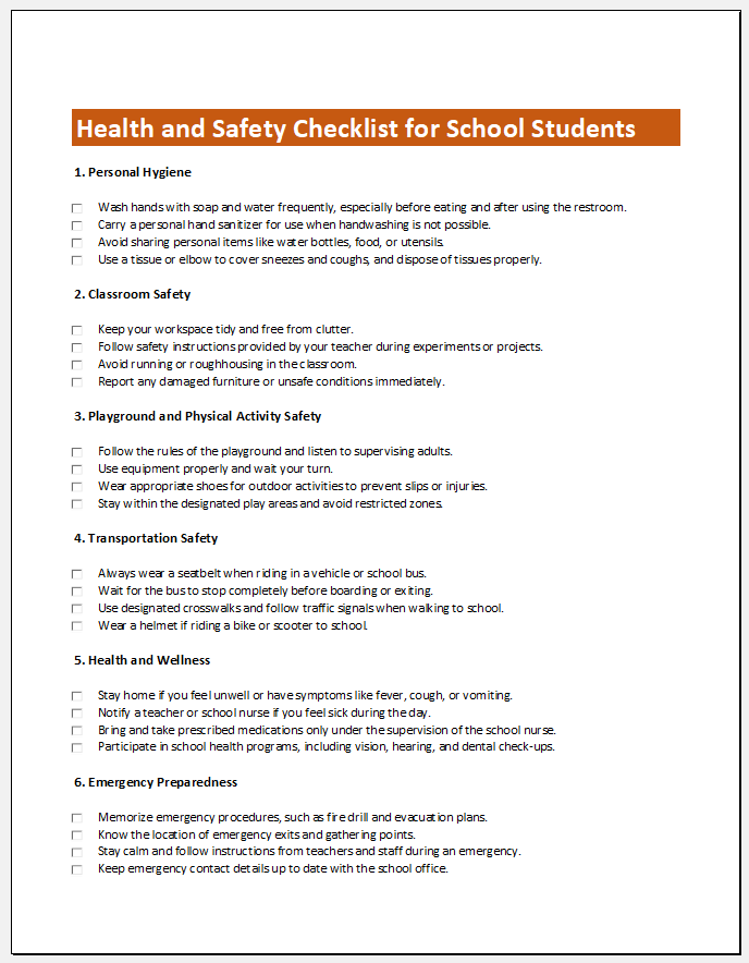 Health and Safety Checklist for School Students