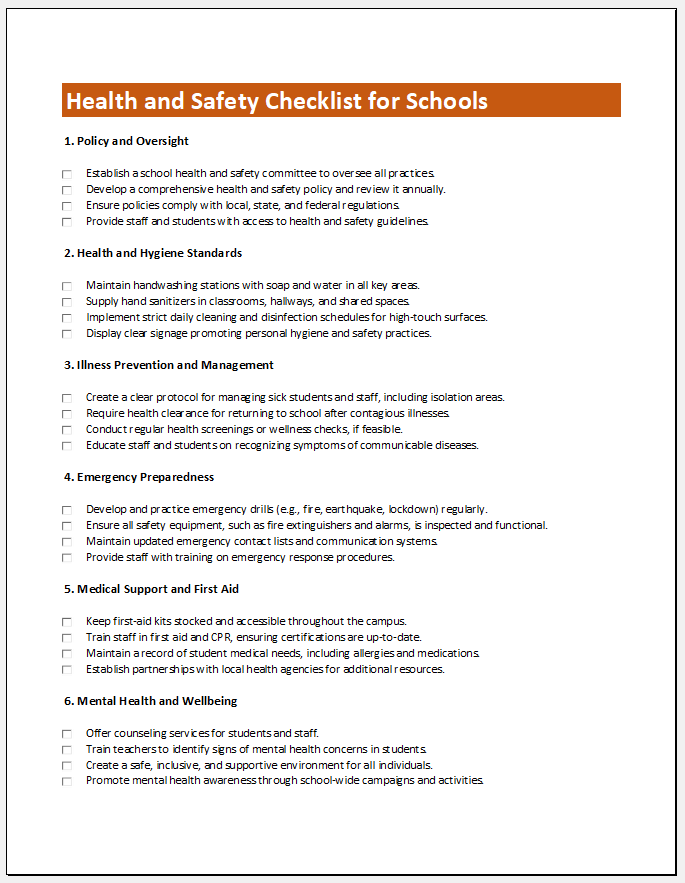 Health and Safety Checklist for Schools