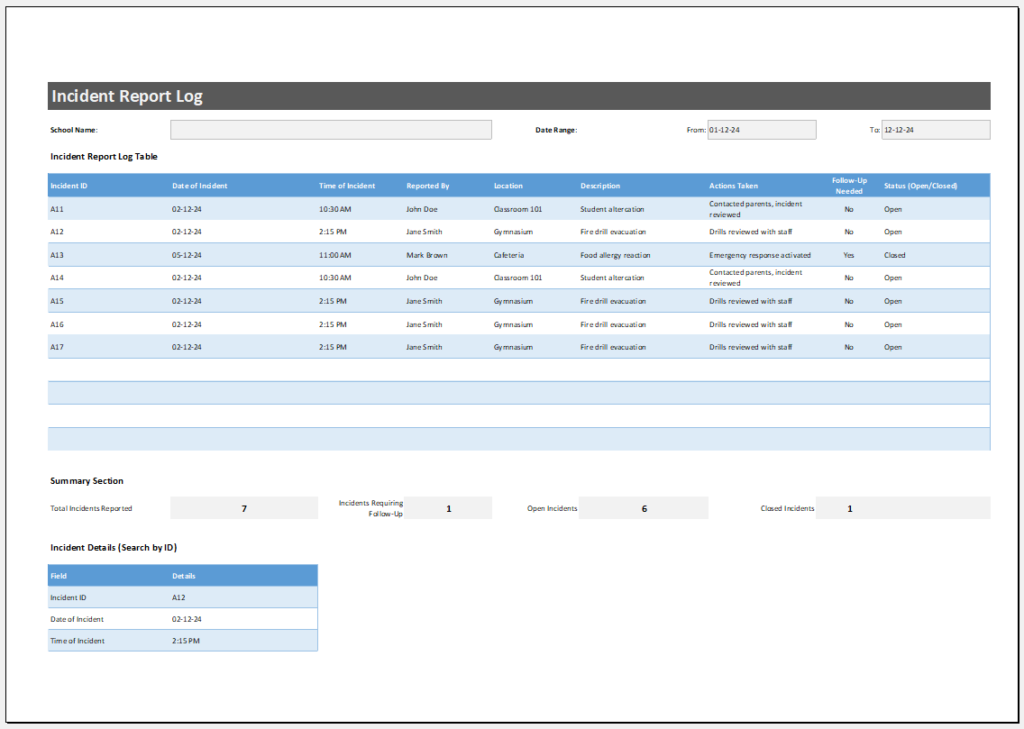 Incident Report Log for Schools