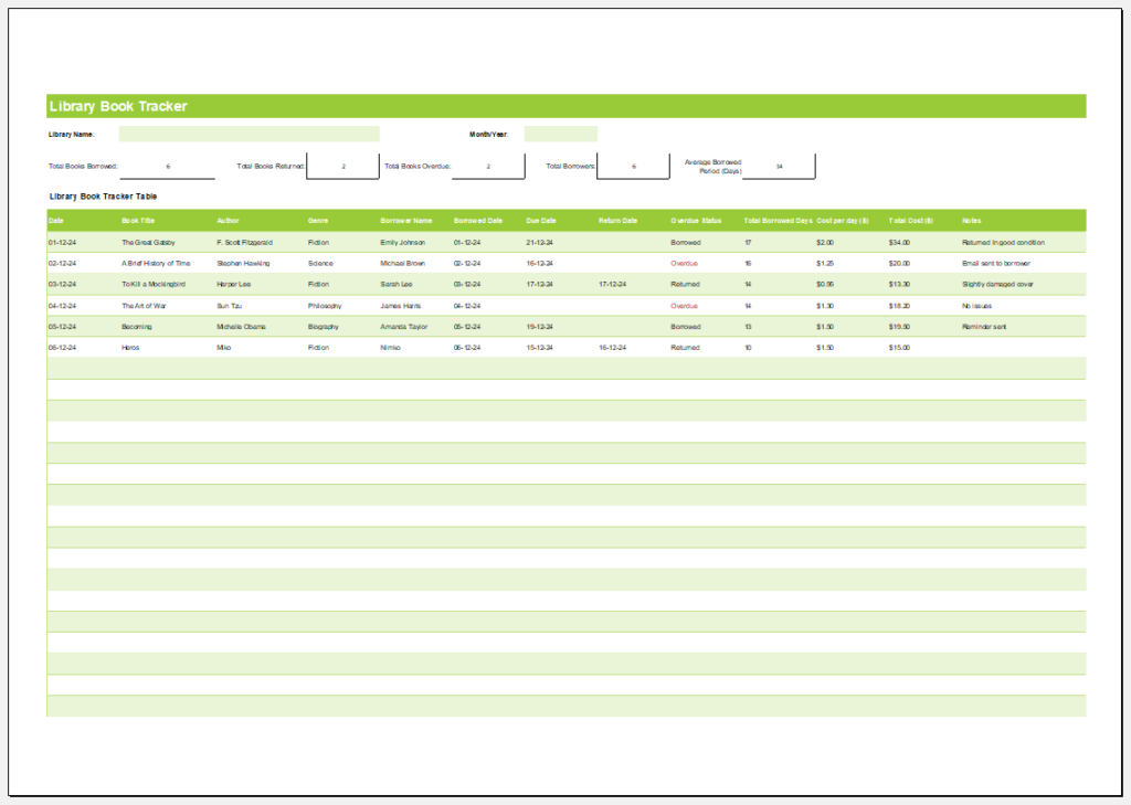 Library Book Tracker Template for Excel