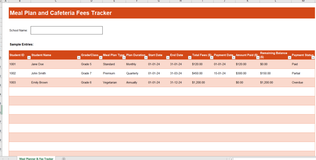 Meal Plan and Cafeteria Fees Tracker Template