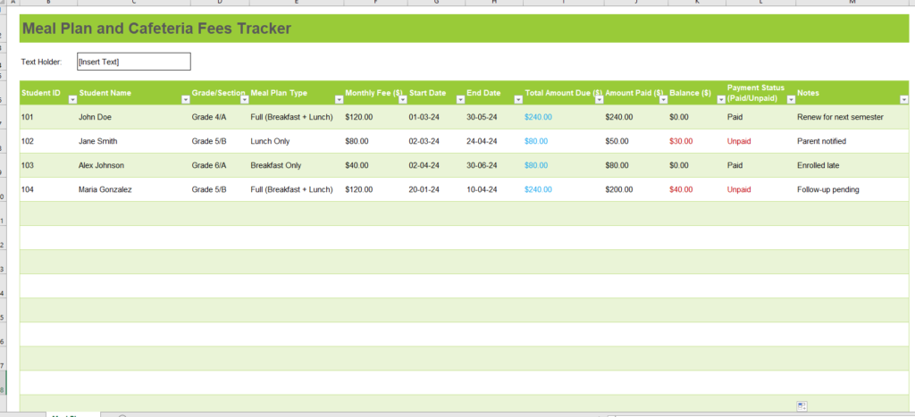 Meal Plan and Cafeteria Fees Tracker Template 