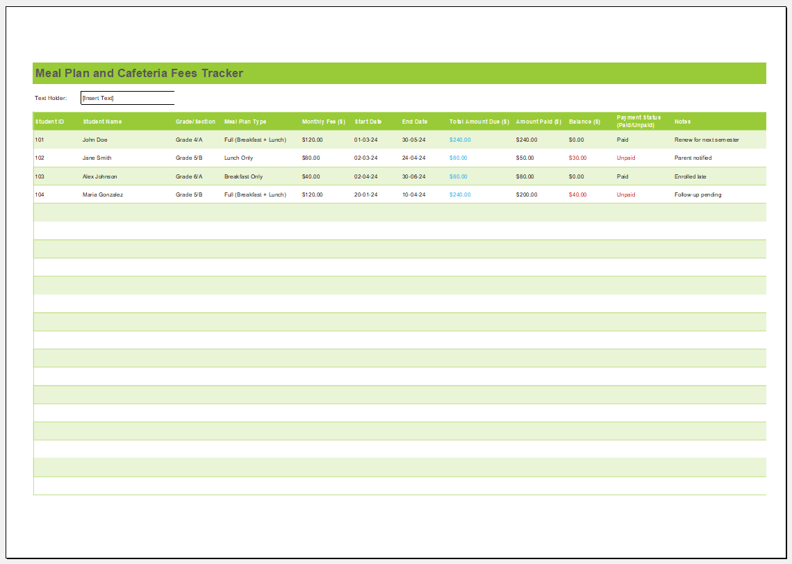 Meal Plan and Cafeteria Fees Tracker Template