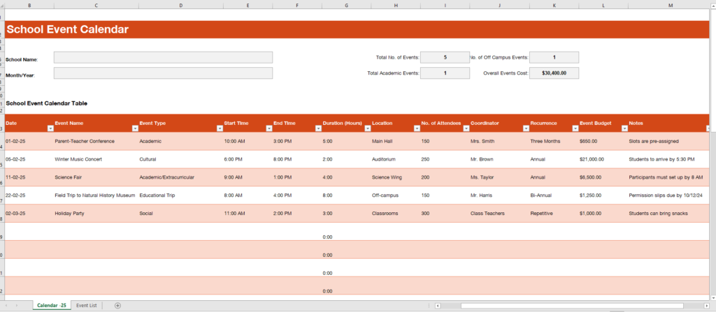 School Event Calendar Template for Excel 2