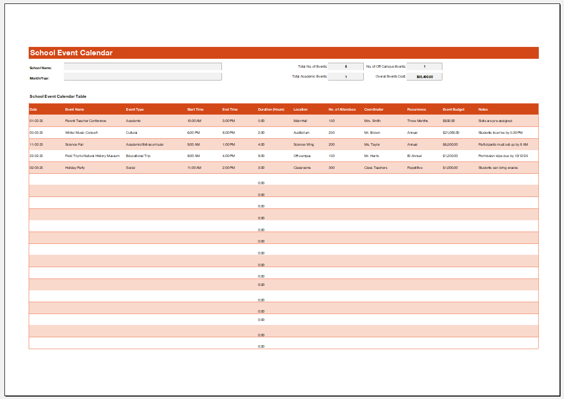 School Event Calendar Template for Excel