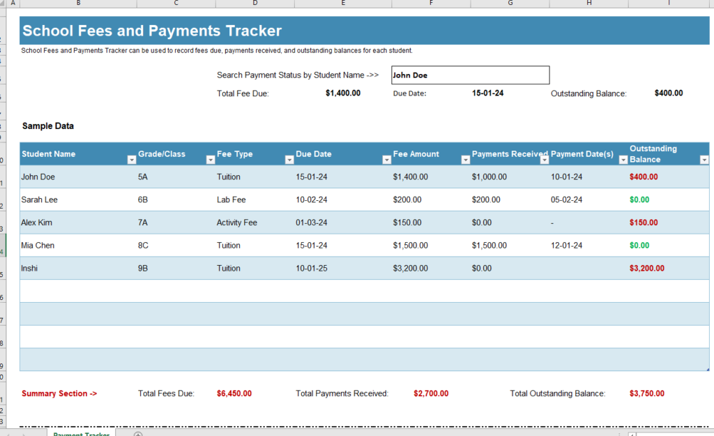 School Fees and Payments Tracker Template