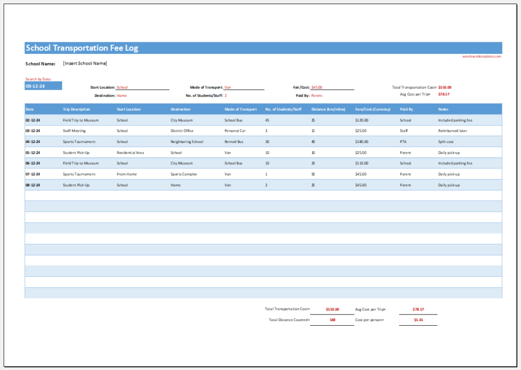 School Transportation Fee Log Template