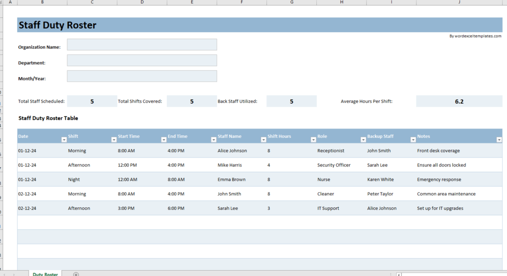 Staff Duty Roster Template for Excel