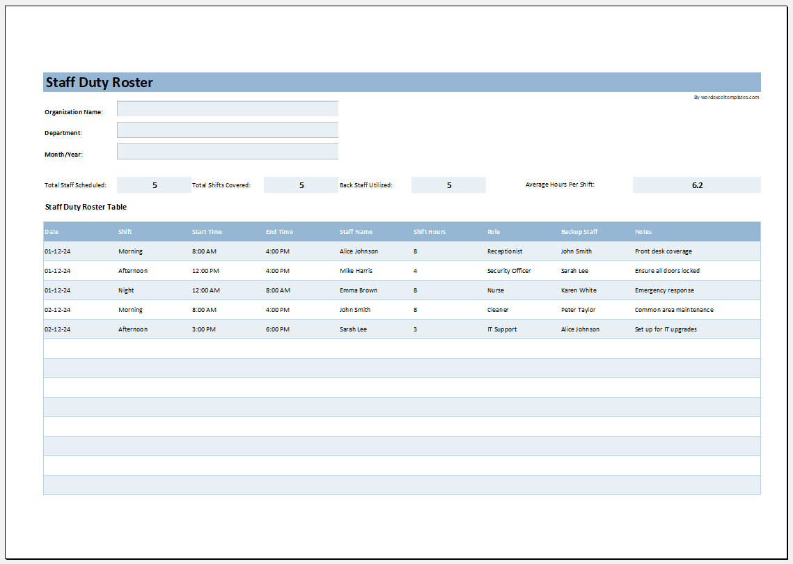 Staff Duty Roster Template for Excel