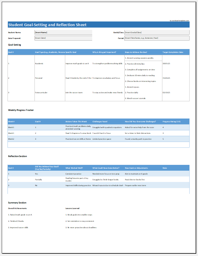 Student Goal-Setting and Reflection Sheet