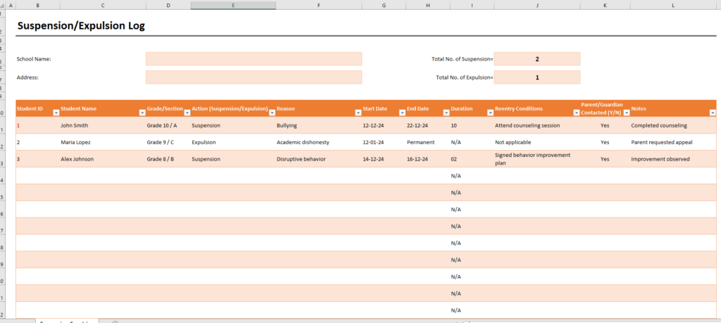 Suspension/Expulsion Log Template for Excel