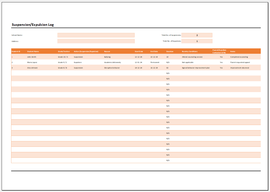 Suspension/Expulsion Log Template for Excel