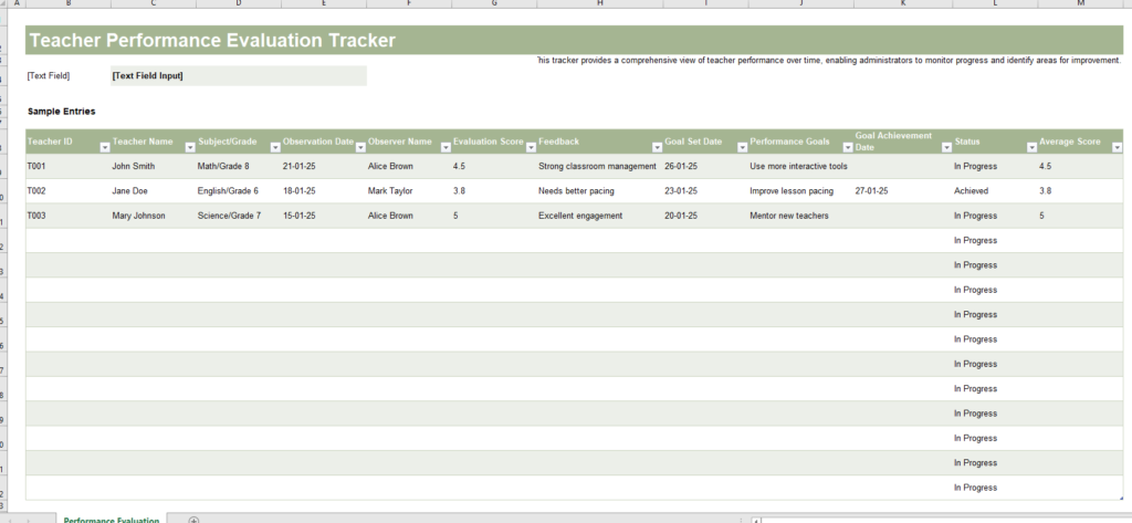 Teacher Performance Evaluation Tracker Template