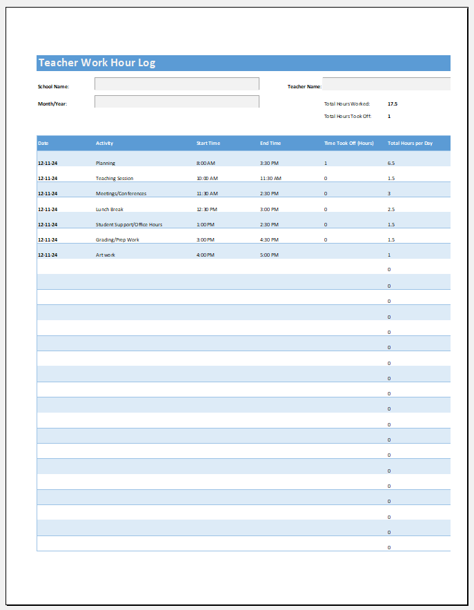 Teacher Work Hours Log Template for Excel