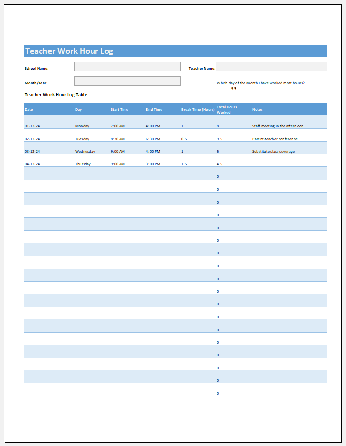 Teacher Work Hours Log Template for Excel