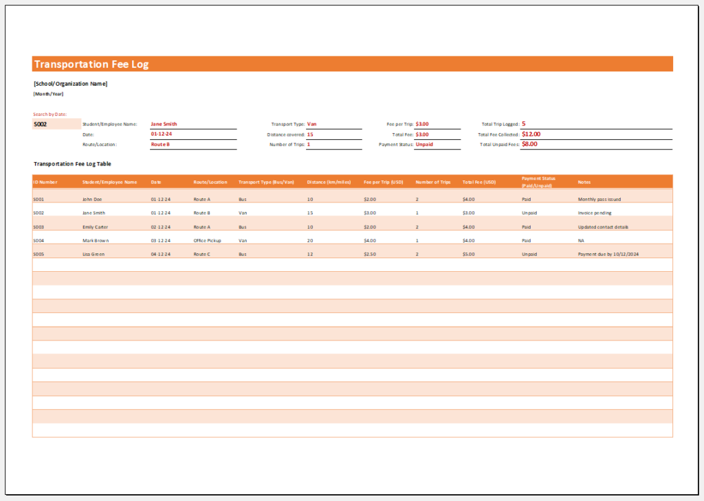 Transportation Fee Log Template for Excel