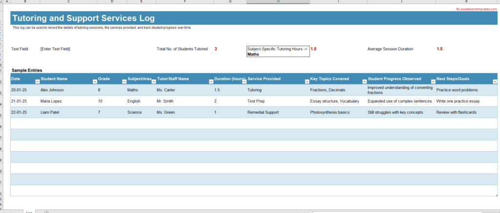 Tutoring and Support Services Log Template